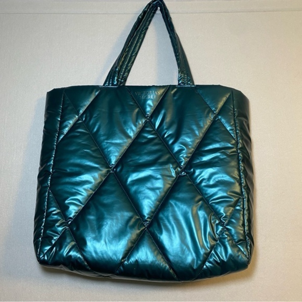 VICTORIA'S SECRET • Large Quilted Puffer Teal Green‎ Metallic Shoulder Tote Bag